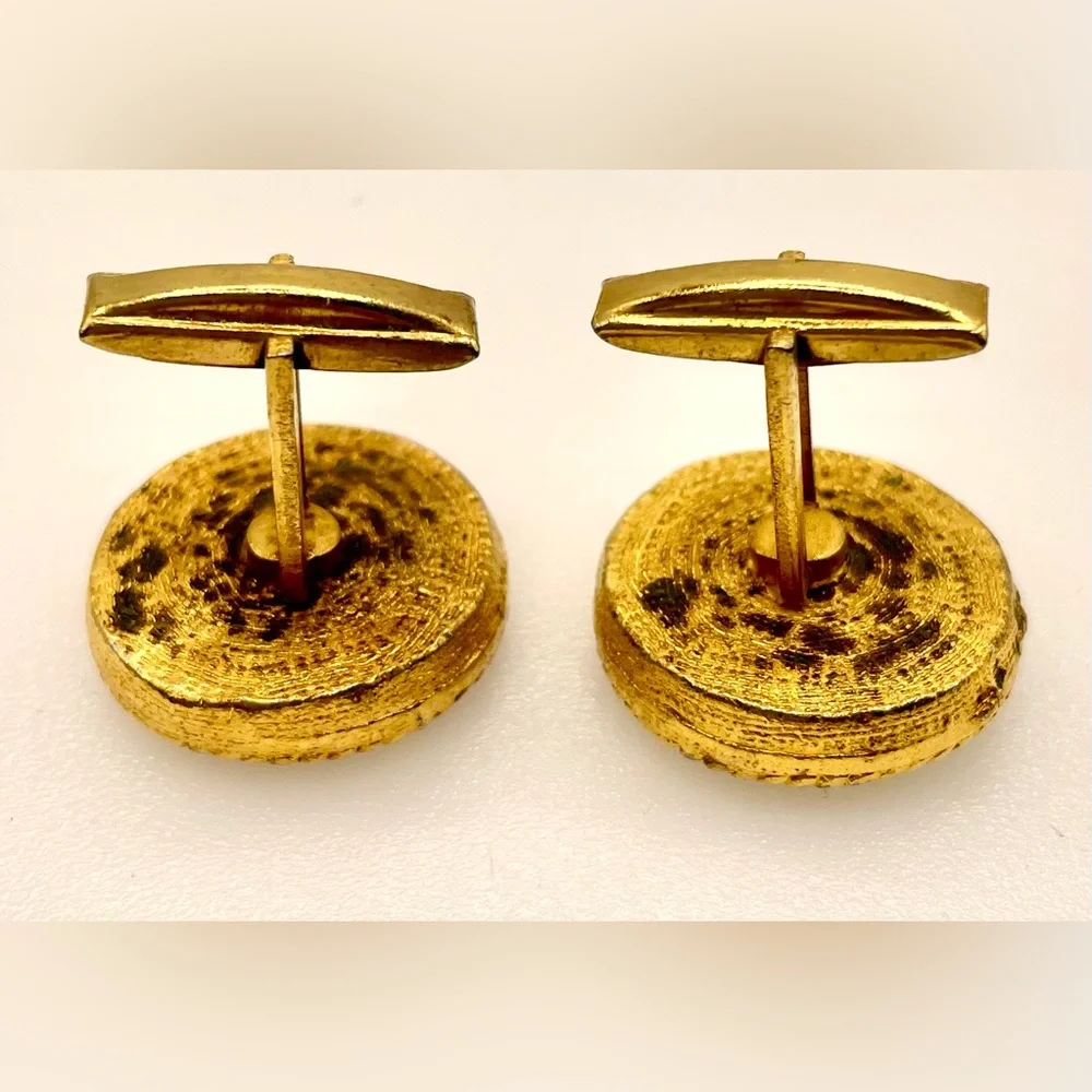 Vintage MCM Gold Tone Round Cufflinks Olive Green Moonglow Lucite